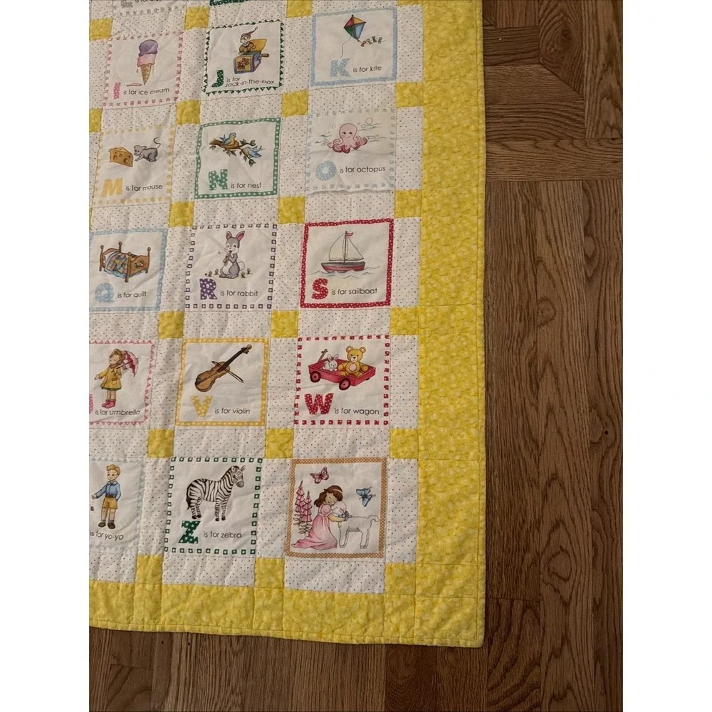 Handmade Children's Alphabet Yellow White Quilt Squares Handprint Back 48.5